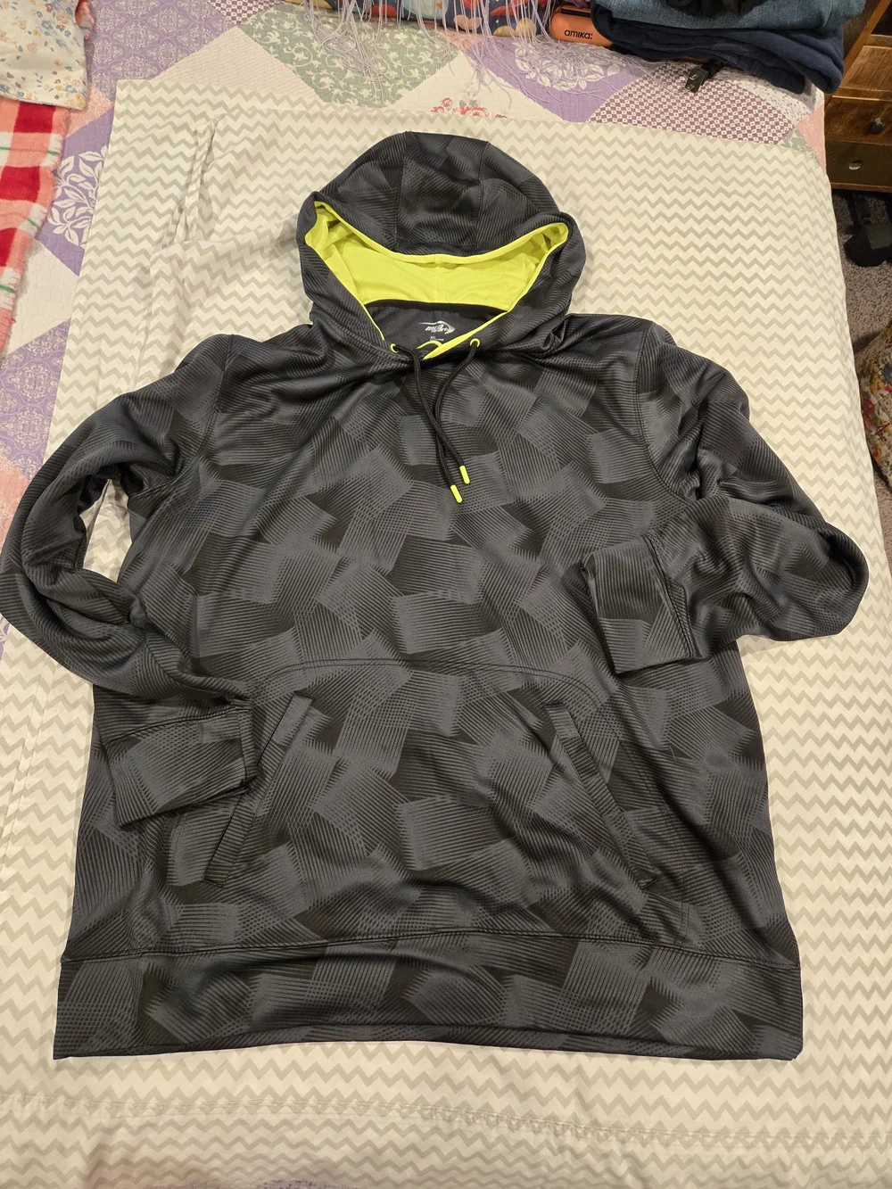MT Men's Black Geometric Performance Hoodie with Neon Yellow Lining